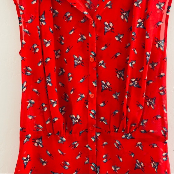 Red Sheer Blouse with Bird Print Sz M - Picture 3 of 4